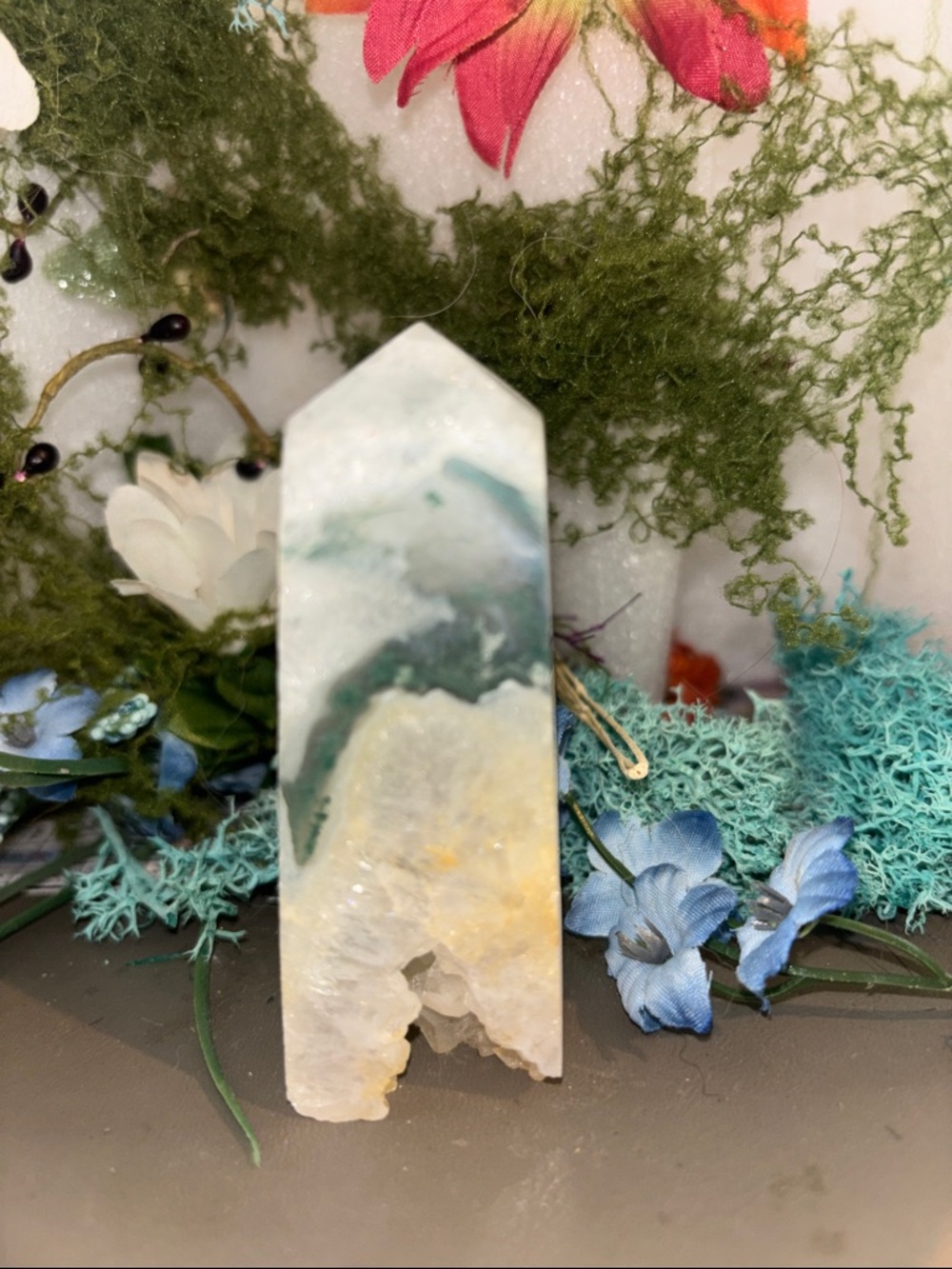 Moss agate Tower with Druzy